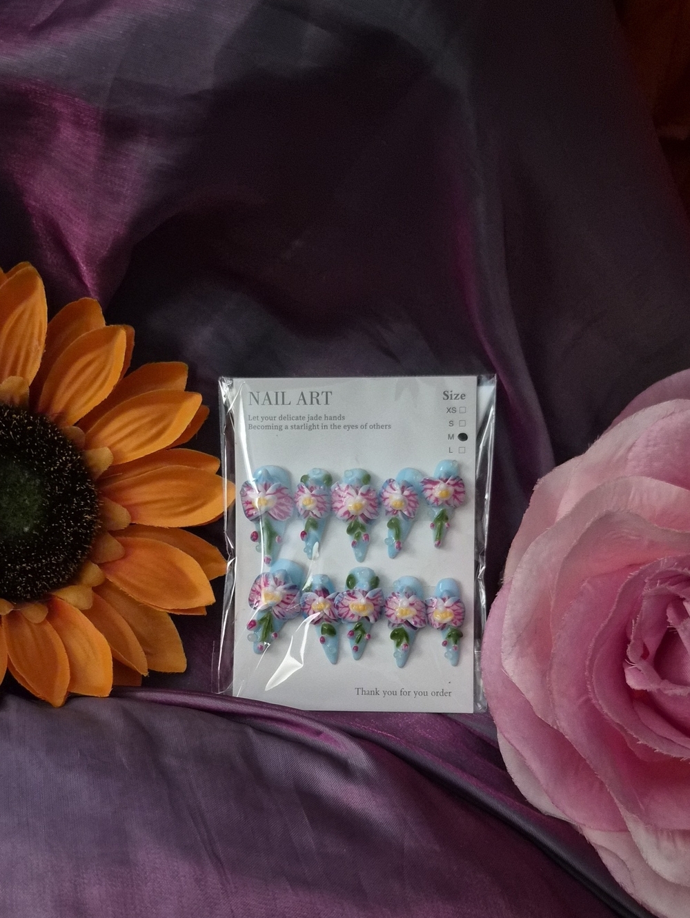 Floral 3D Press-On Nails in Blue with Pink Flowers